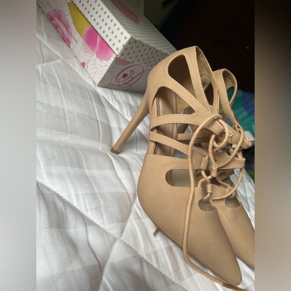Beige Tie Up Heels
